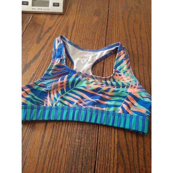 Girls Large 10/12 Avia Sports Bra Blue Green Orange Tropical Floral Racerback - Picture 1 of 3